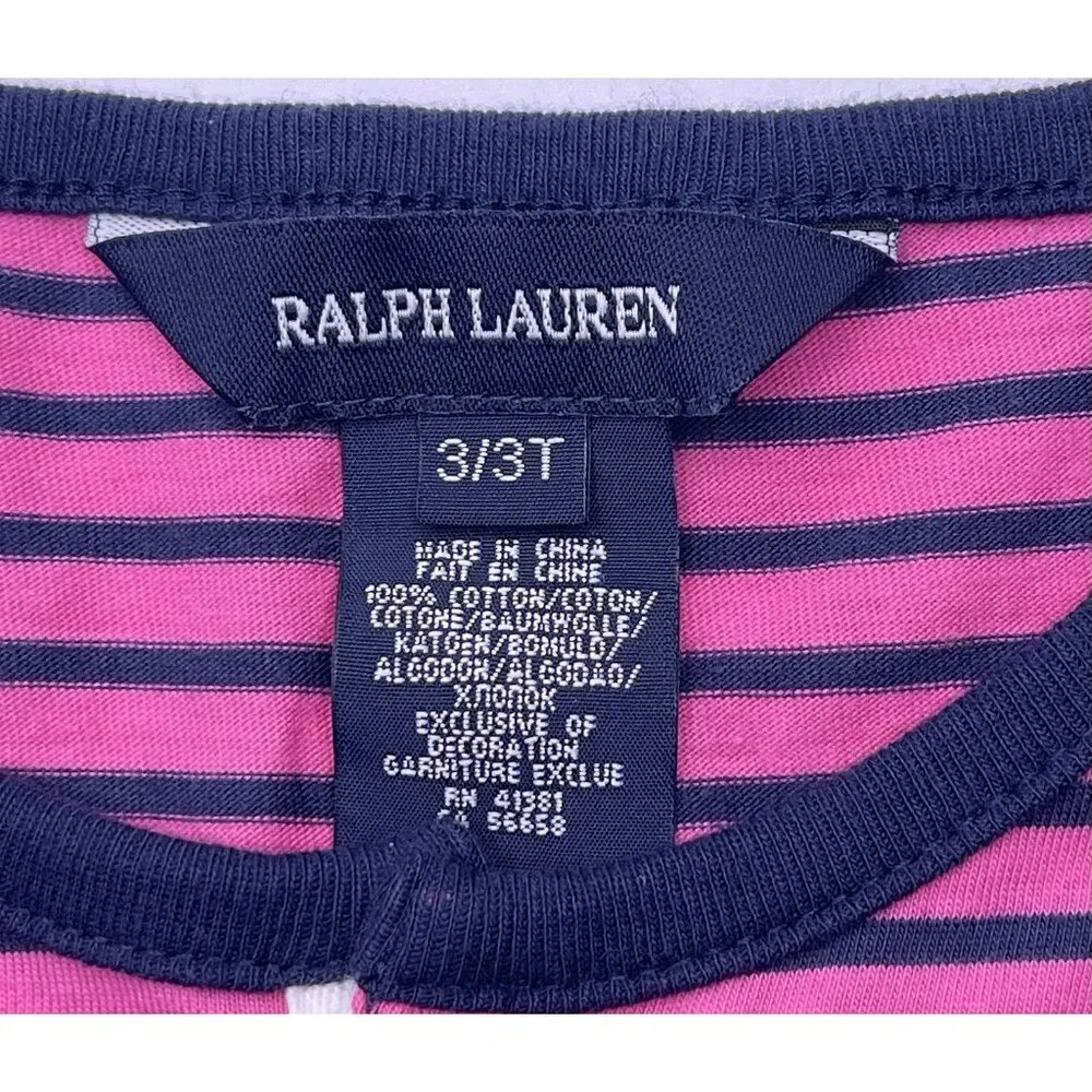 Ralph Lauren‎ Dress Girls Toddler Size 3T Pink Blue Striped Ruffle Long Sleeve